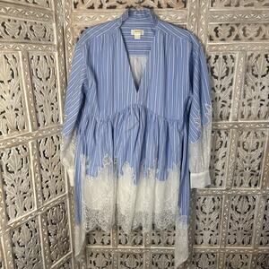 Anthropologie Maeve V-Neck Lace Pinstripe Boho Twofer Mini Shirt Dress Size 4